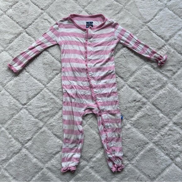 Kickee Pants | "Lotus Stripe" Classic Ruffle Coverall with Snaps | Size 12-18M - Picture 3 of 10